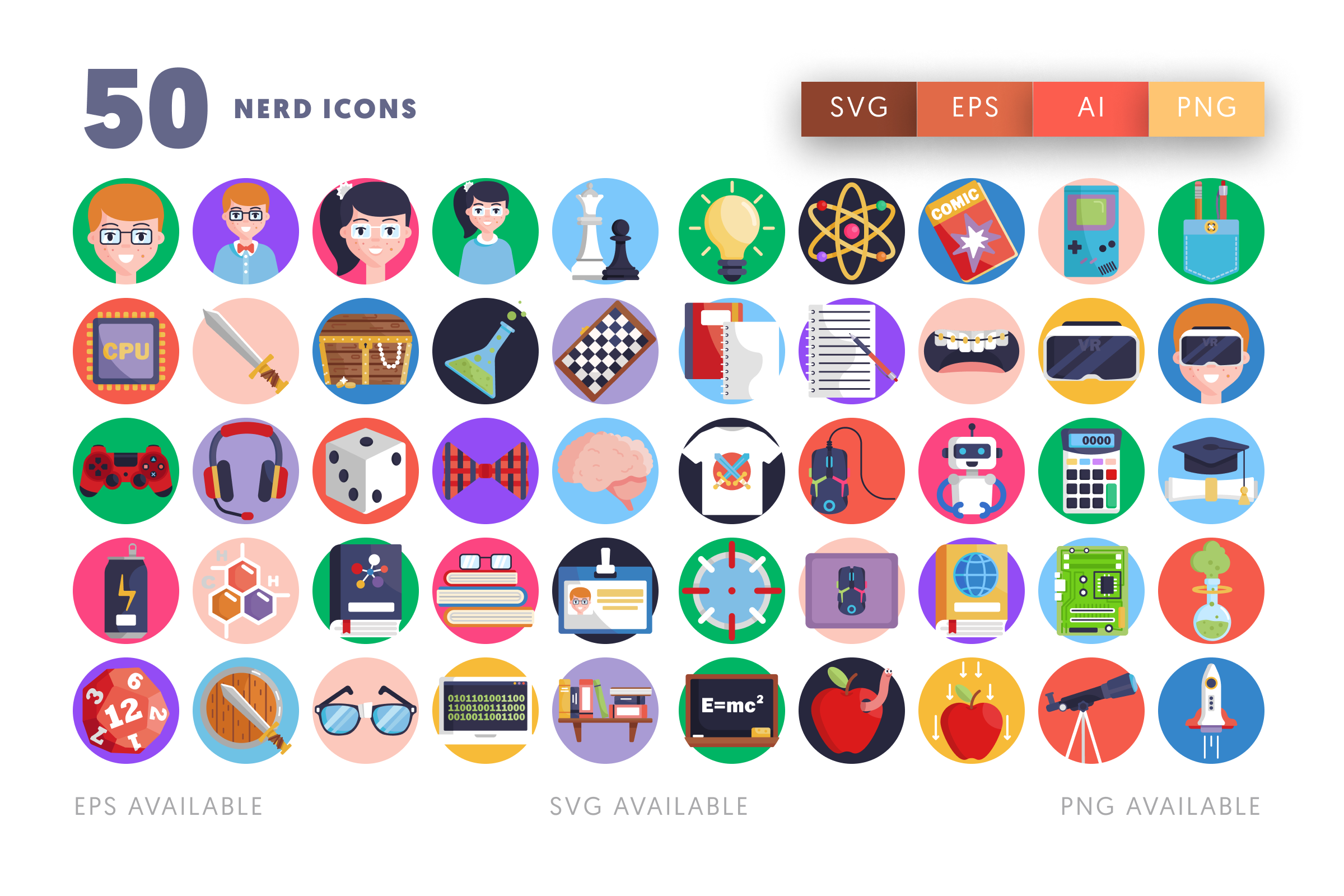 50 Nerd Icons – flat circle icon set