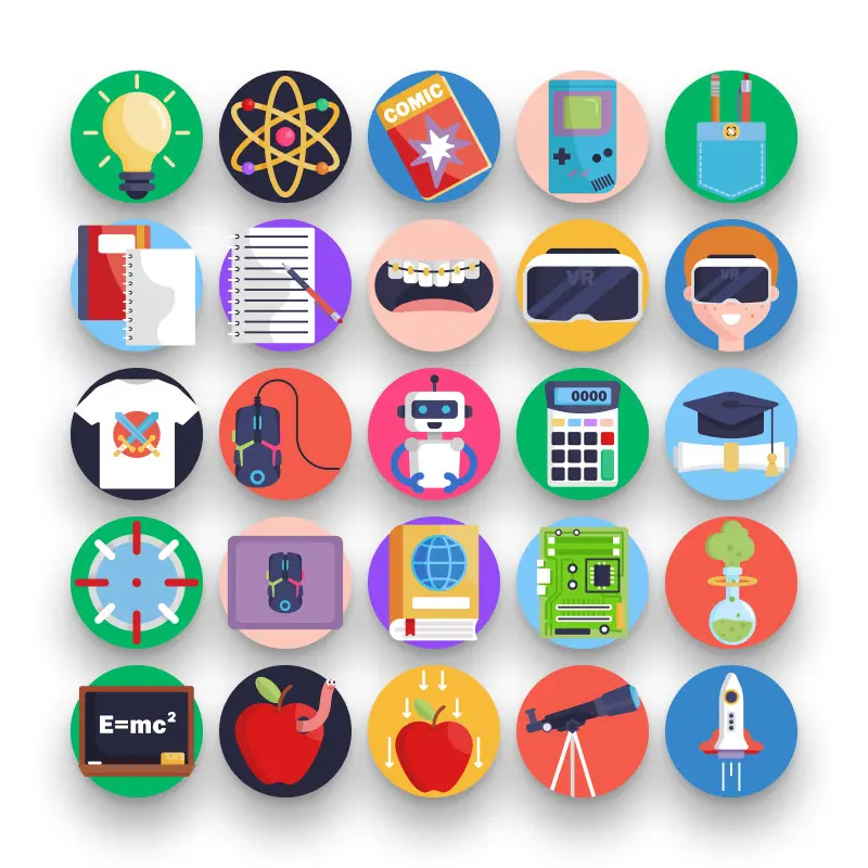 50 Nerd Icons – set of colorful flat circle icons