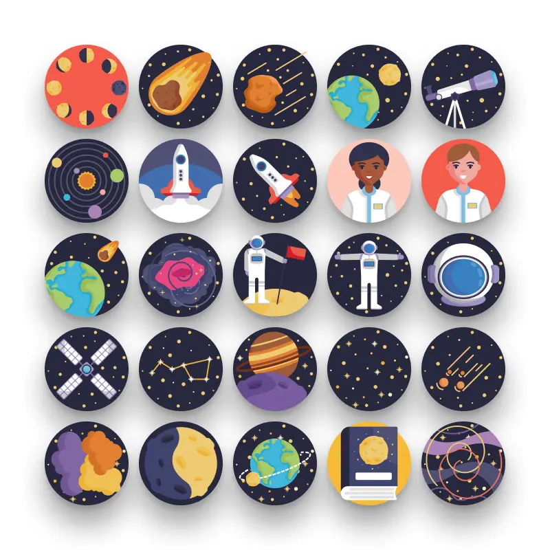 50 Space Icons – set of colorful flat circle icons