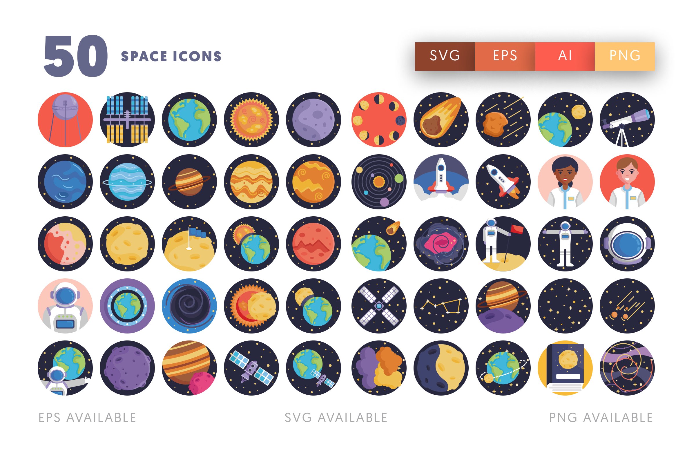 50 Space Icons – flat circle icon set