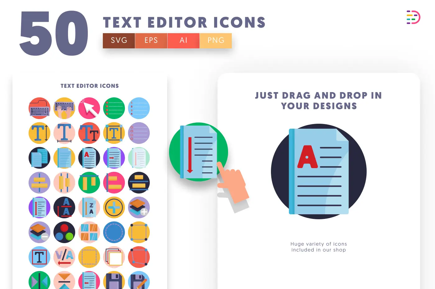 50 Text Editor Icons preview 1 – flat circle icons in PNG, SVG and EPS