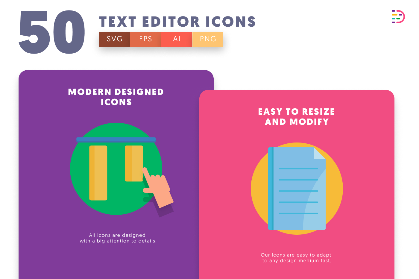 50 Text Editor Icons cover – flat circle icons in PNG, SVG and EPS
