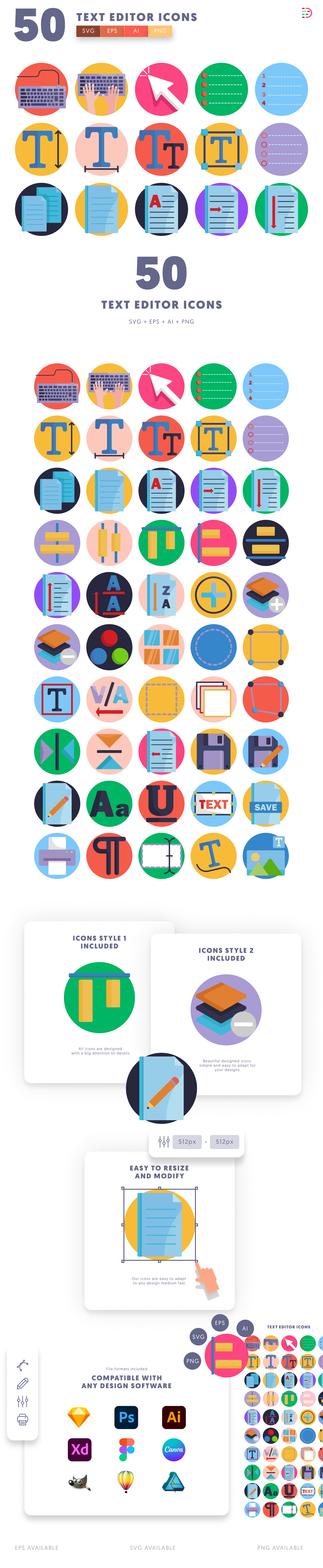 50 Text Editor Icons cover – flat circle icons in PNG, SVG and EPS