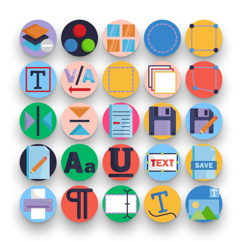 50 Text Editor Icons – set of colorful flat circle icons