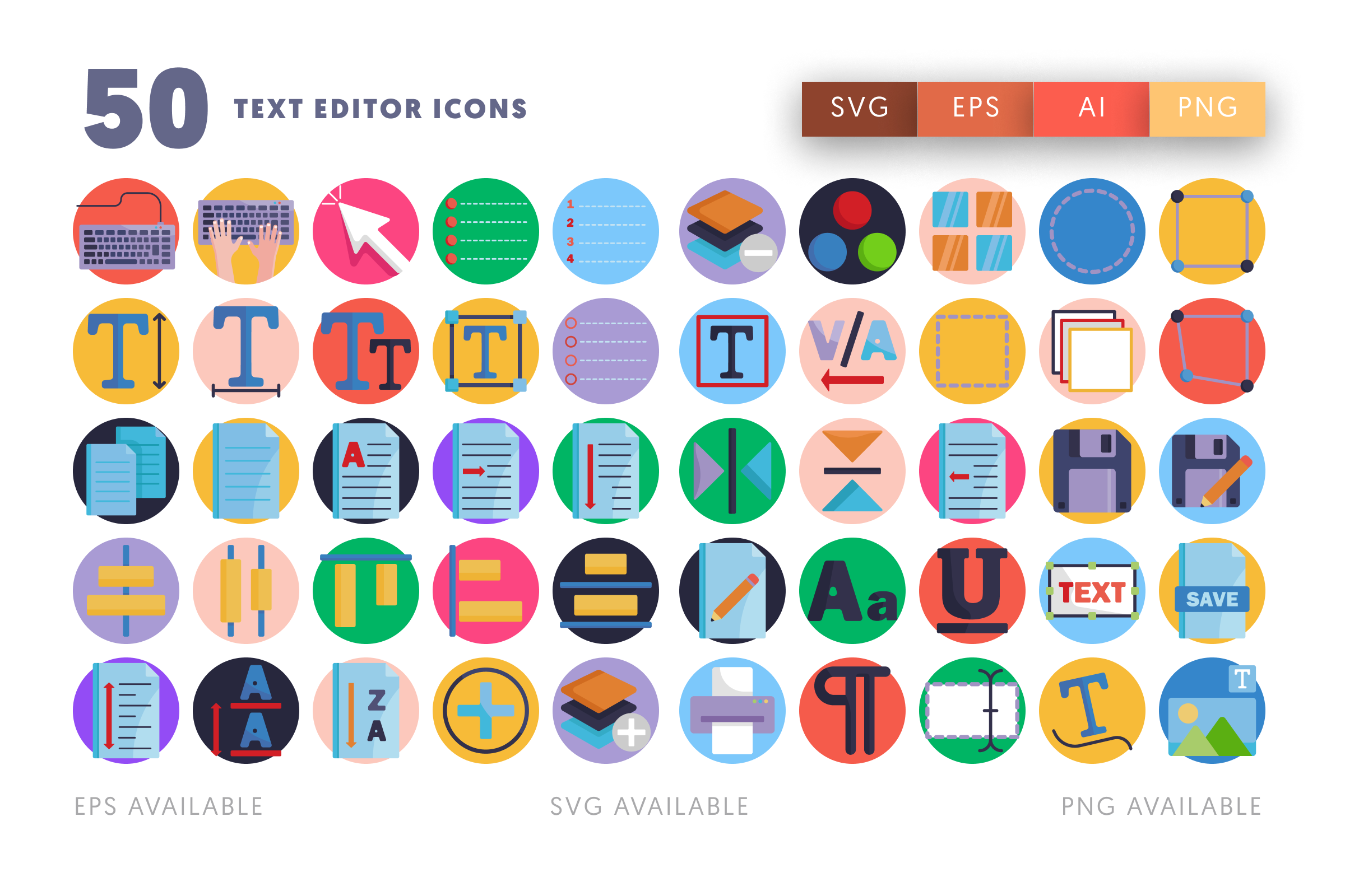 50 Text Editor Icons – flat circle icon set