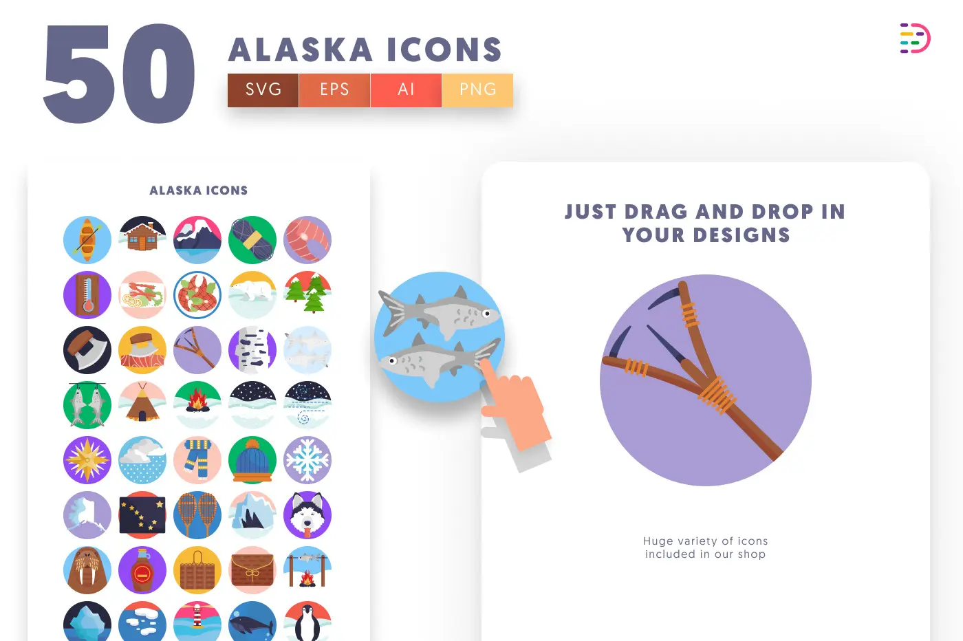 50 Alaska Icons preview 1 – flat circle icons in PNG, SVG and EPS