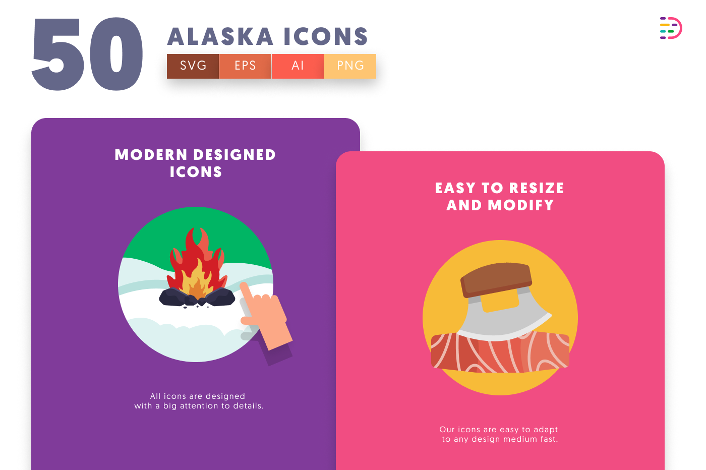 50 Alaska Icons cover – flat circle icons in PNG, SVG and EPS