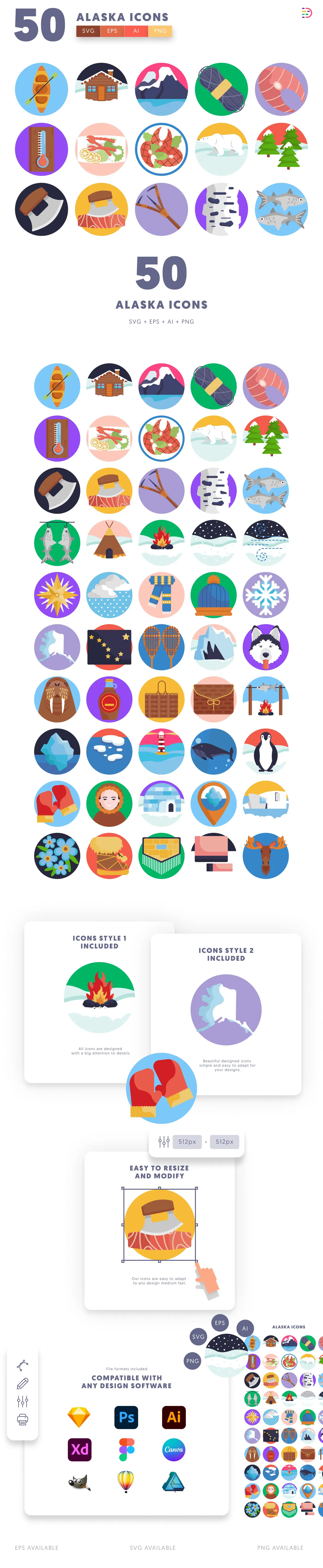 50 Alaska Icons cover – flat circle icons in PNG, SVG and EPS