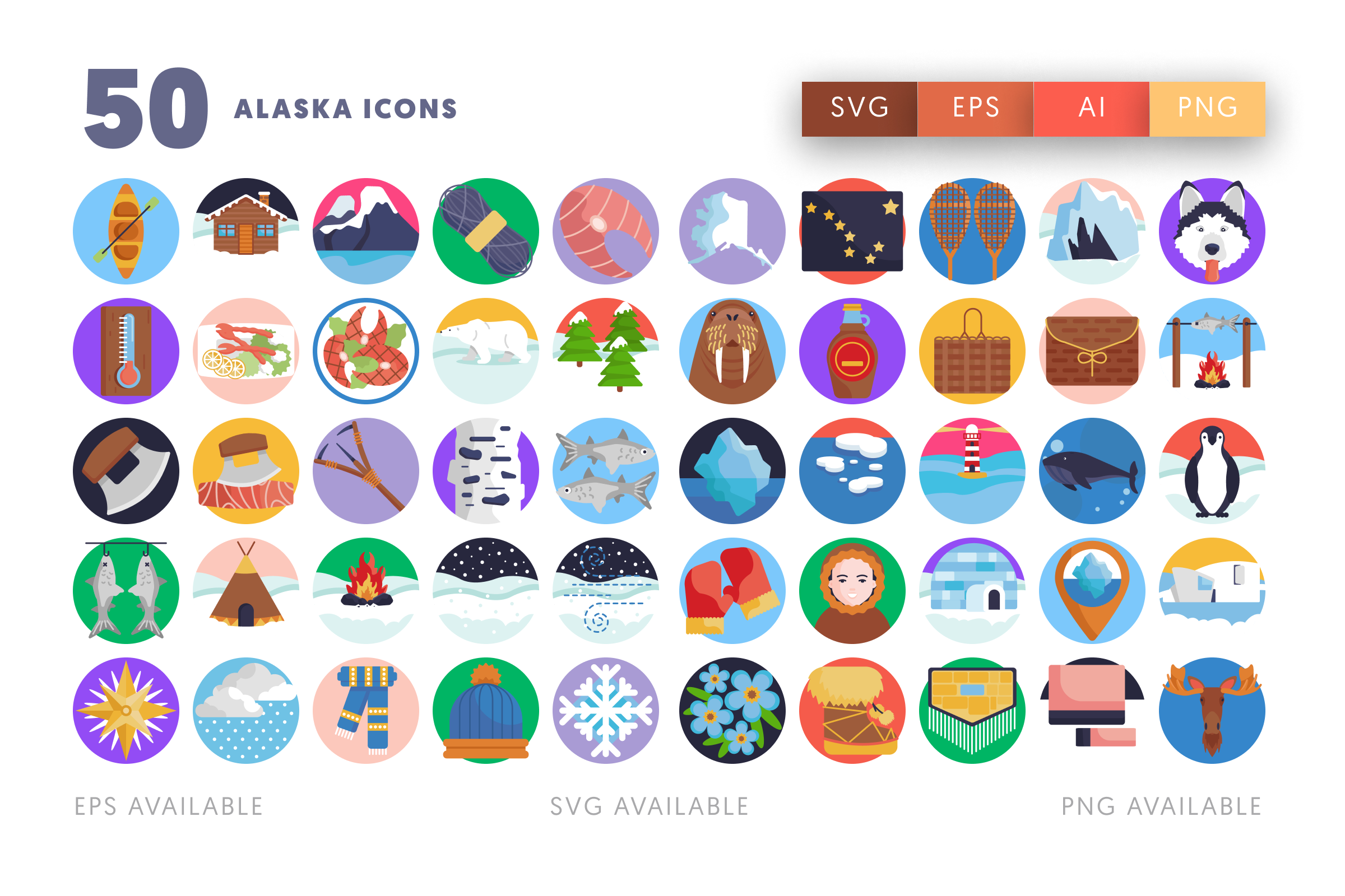 50 Alaska Icons – flat circle icon set