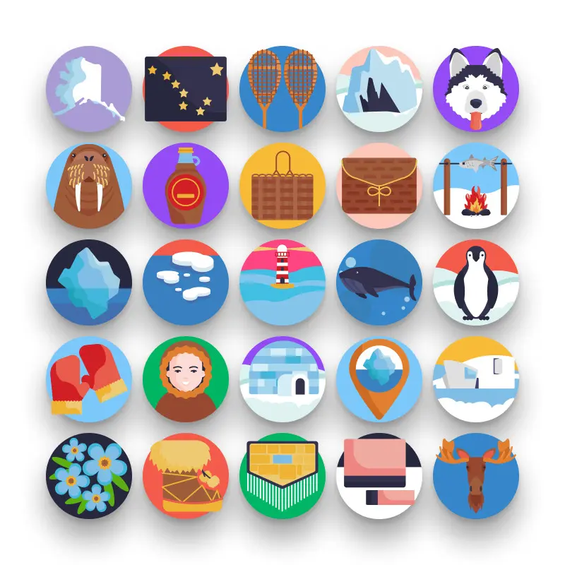 50 Alaska Icons – set of colorful flat circle icons