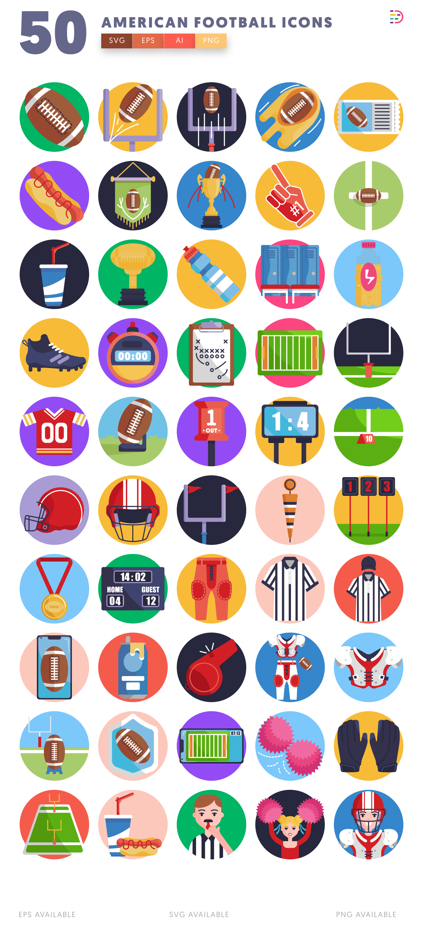 50 American Football Icons – set of colorful flat circle icons