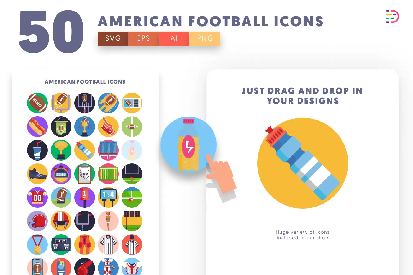 50 American Football Icons – set of colorful flat circle icons