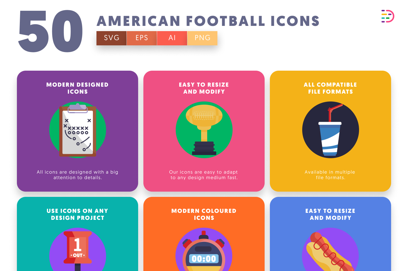 50 American Football Icons – set of colorful flat circle icons