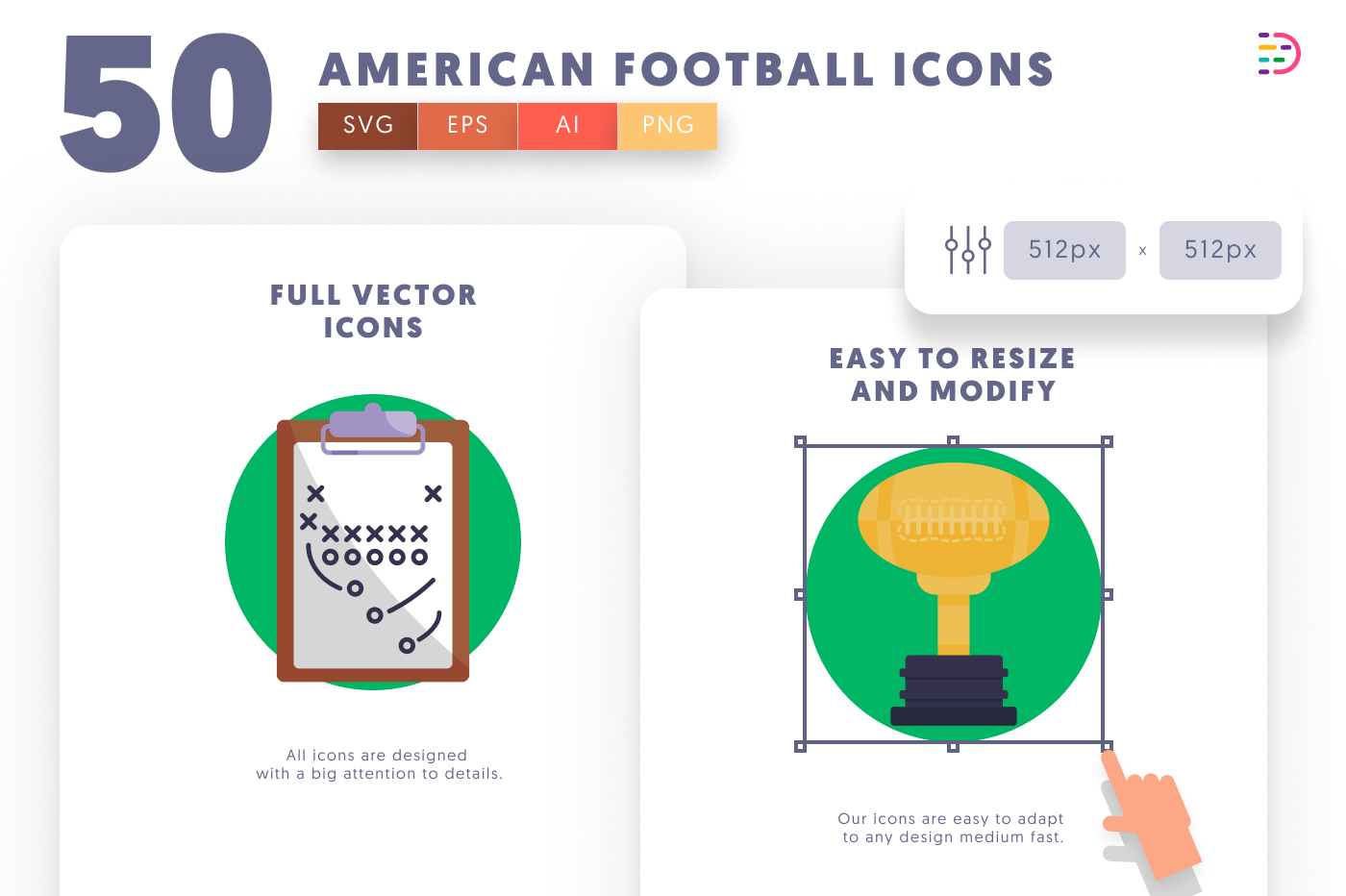 50 American Football Icons – set of colorful flat circle icons