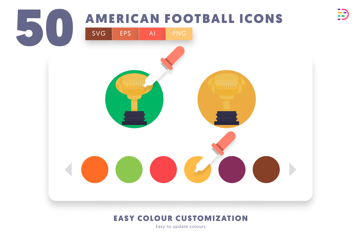 50 American Football Icons – set of colorful flat circle icons