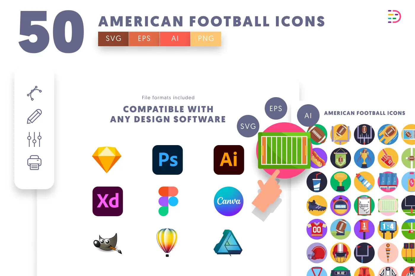 50 American Football Icons – set of colorful flat circle icons
