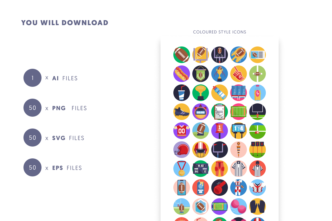 50 American Football Icons – set of colorful flat circle icons