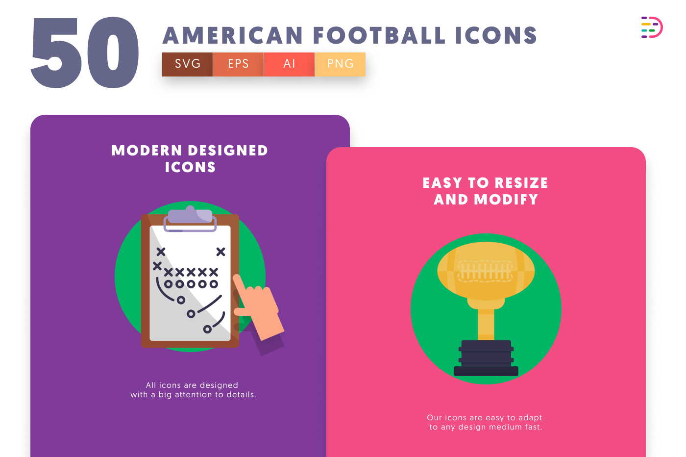 50 American Football Icons – set of colorful flat circle icons