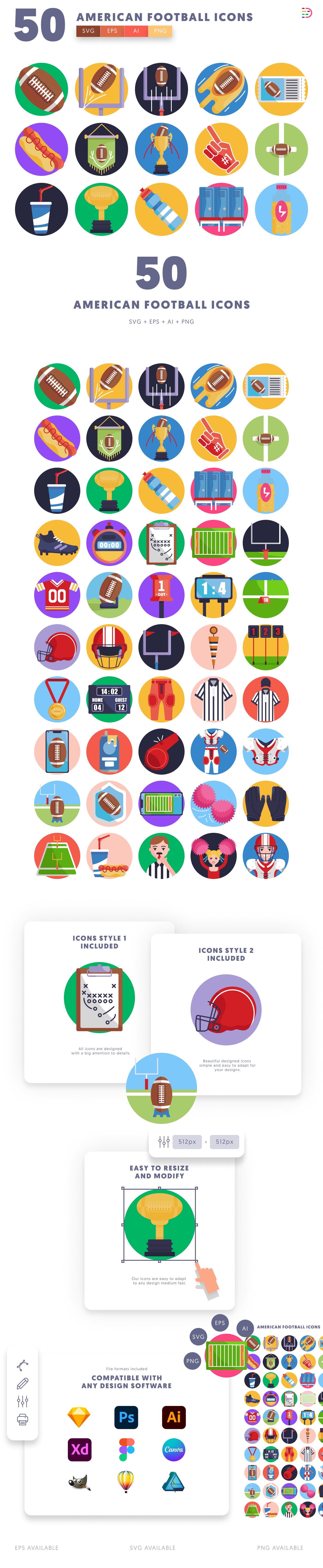 50 American Football Icons – set of colorful flat circle icons