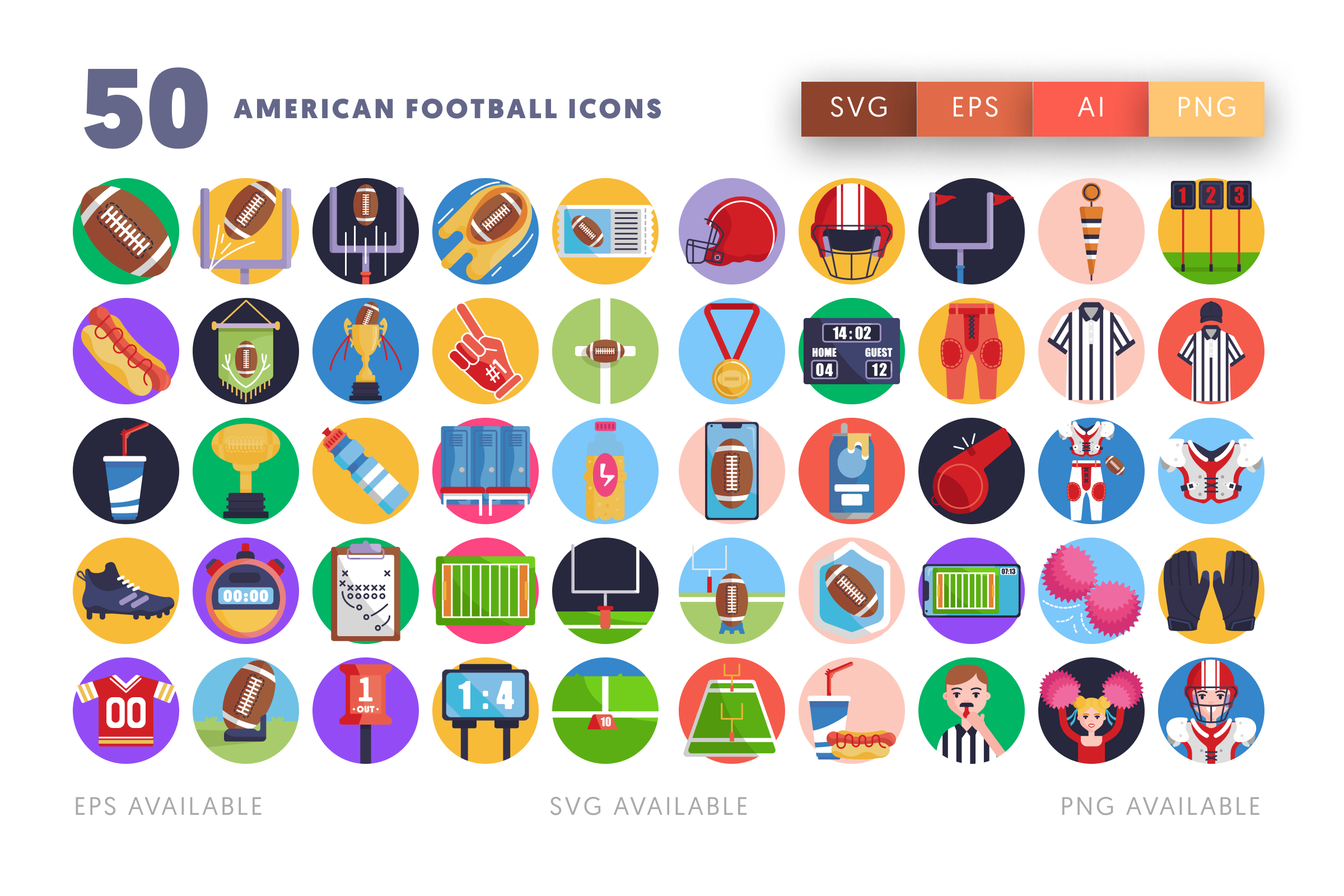 50 American Football Icons – flat circle icon set