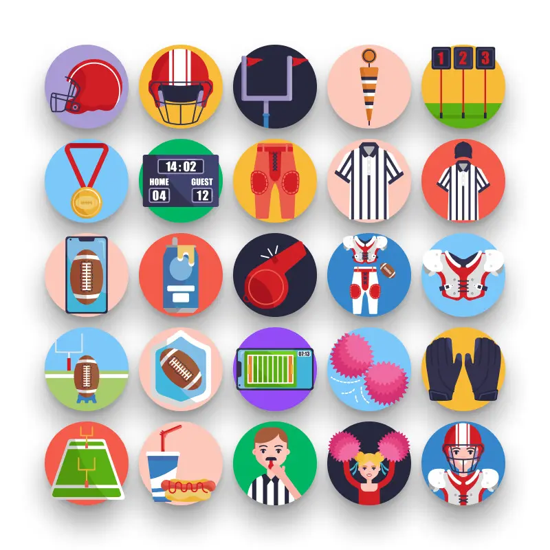 50 American Football Icons – set of colorful flat circle icons