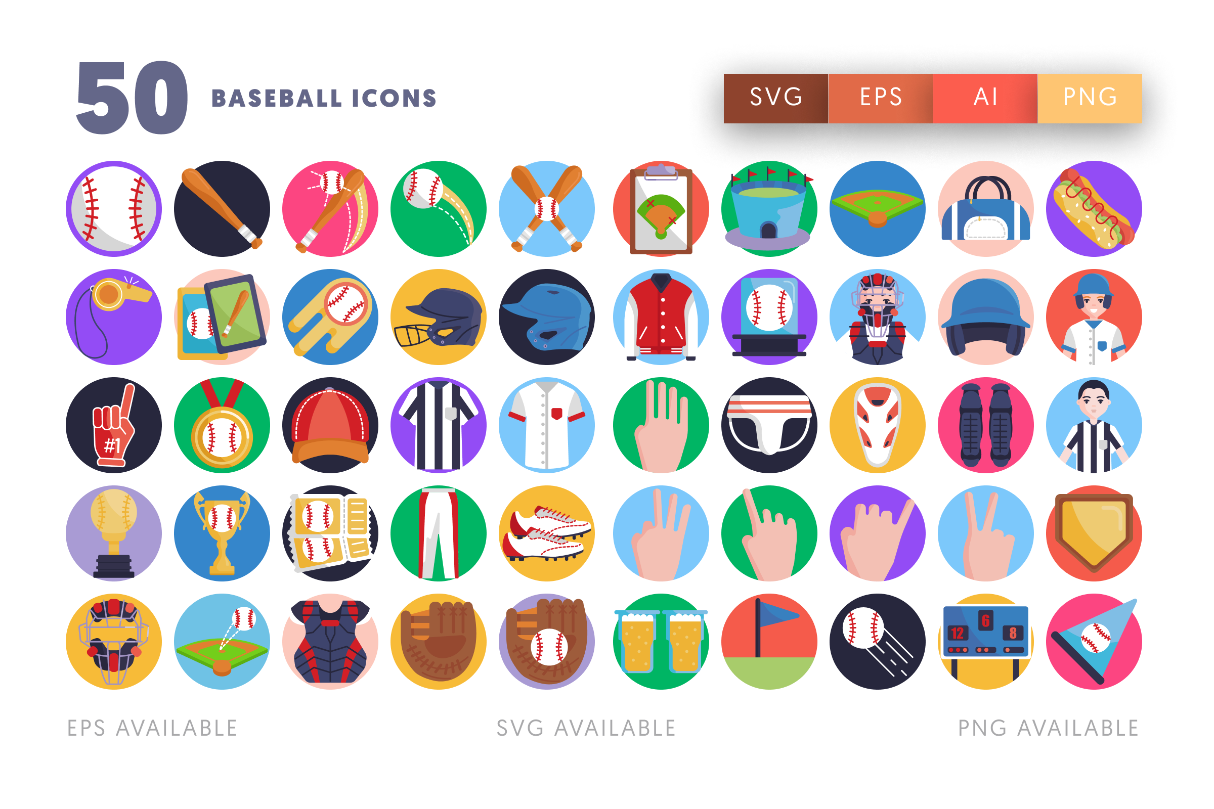50 Baseball Icons – illustrated icon set
