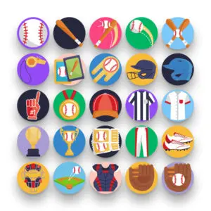 50 Baseball Icons – set of colorful illustrated icons