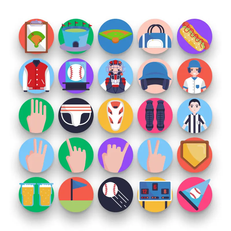 50 Baseball Icons – set of colorful illustrated icons