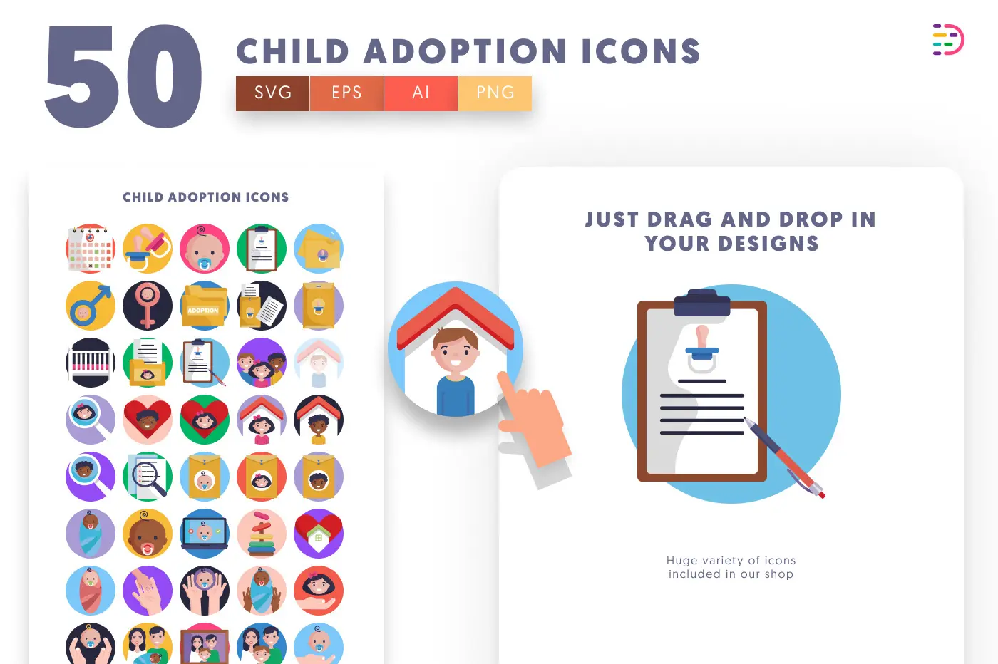 50 Child Adoption Icons preview 1 – flat circle icons in PNG, SVG and EPS
