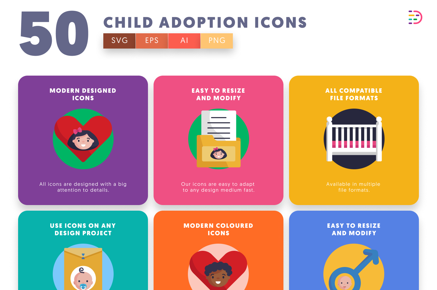 50 Child Adoption Icons preview 5 – flat circle icons in PNG, SVG and EPS