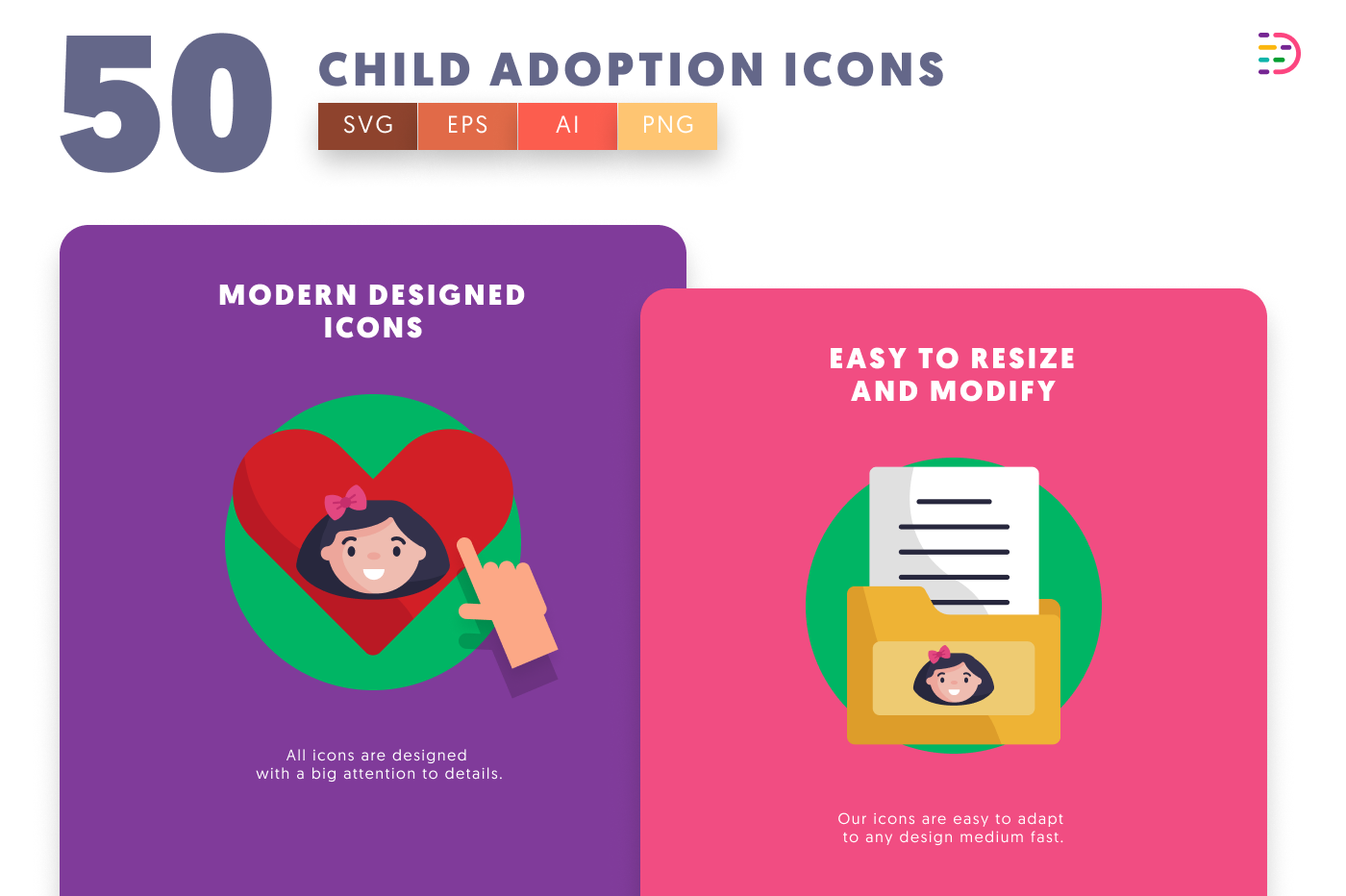 50 Child Adoption Icons cover – flat circle icons in PNG, SVG and EPS