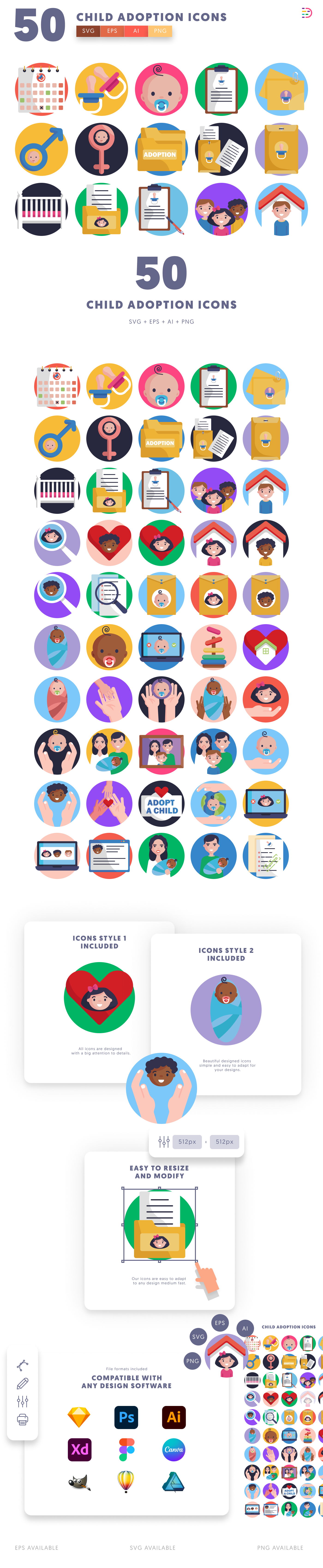 50 Child Adoption Icons cover – flat circle icons in PNG, SVG and EPS