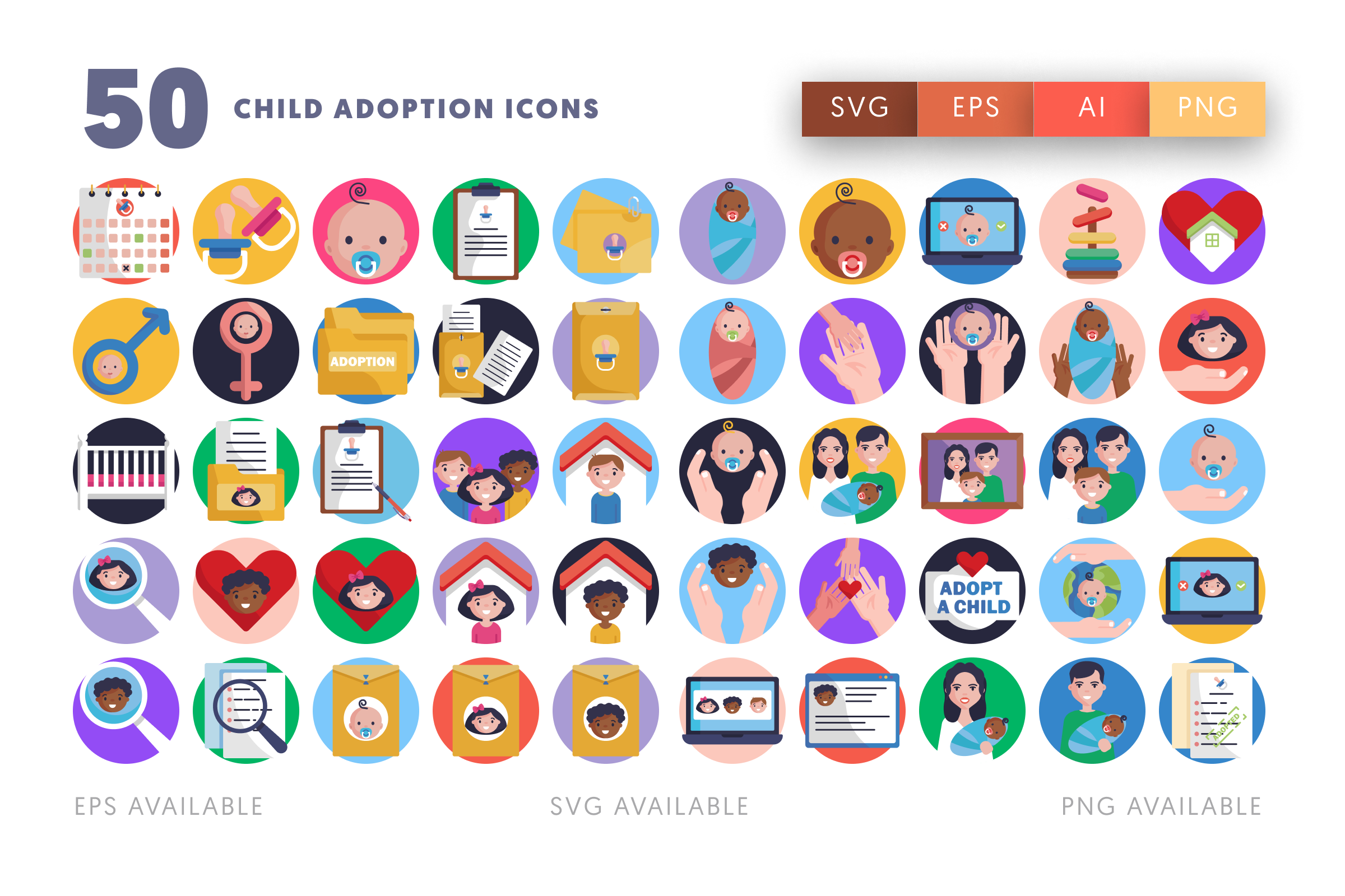 50 Child Adoption Icons – flat circle icon set