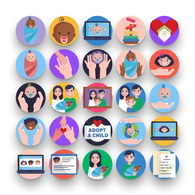 50 Child Adoption Icons – set of colorful flat circle icons