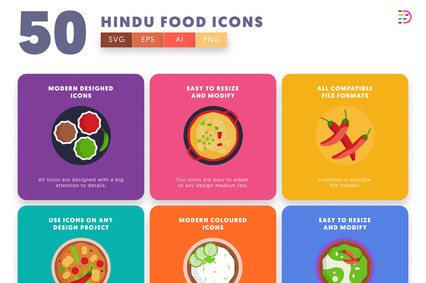 50 Hindu Food Icons preview 5 – flat circle icons in PNG, SVG and EPS