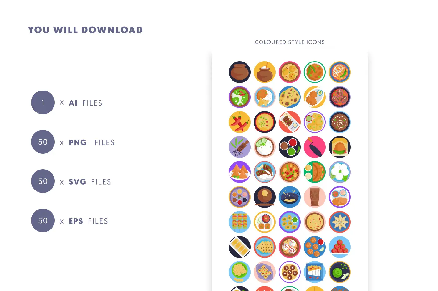 50 Hindu Food Icons preview 9 – flat circle icons in PNG, SVG and EPS