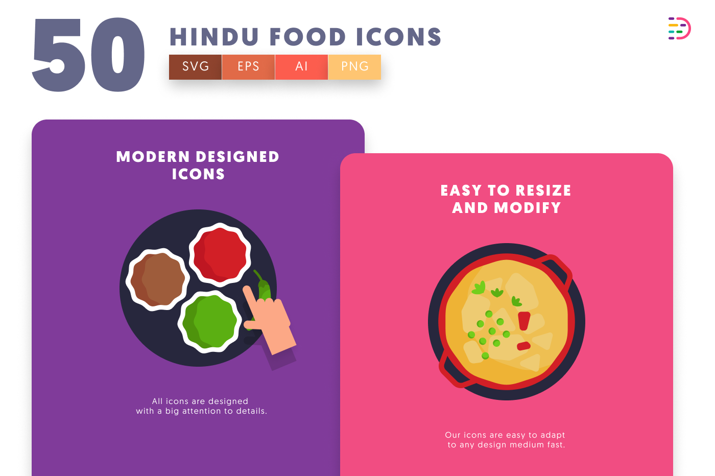 50 Hindu Food Icons cover – flat circle icons in PNG, SVG and EPS