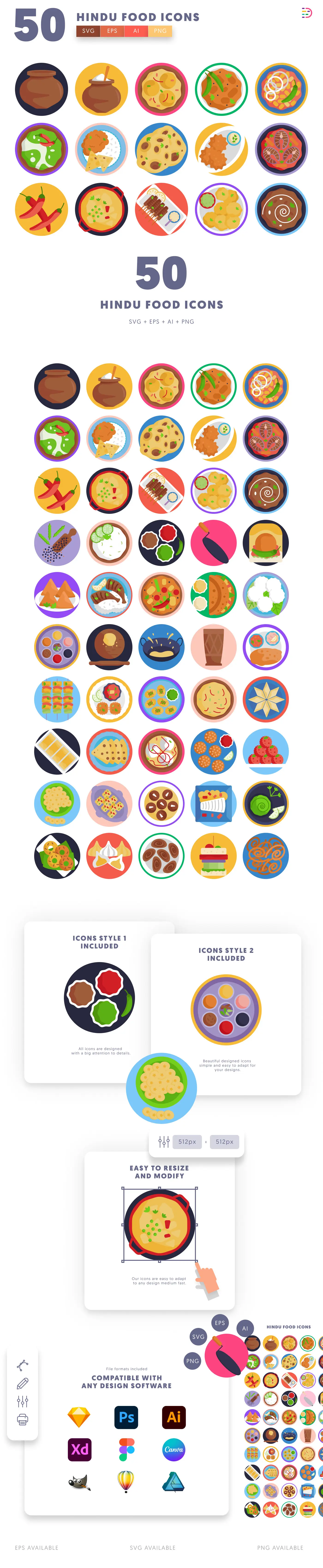 50 Hindu Food Icons cover – flat circle icons in PNG, SVG and EPS