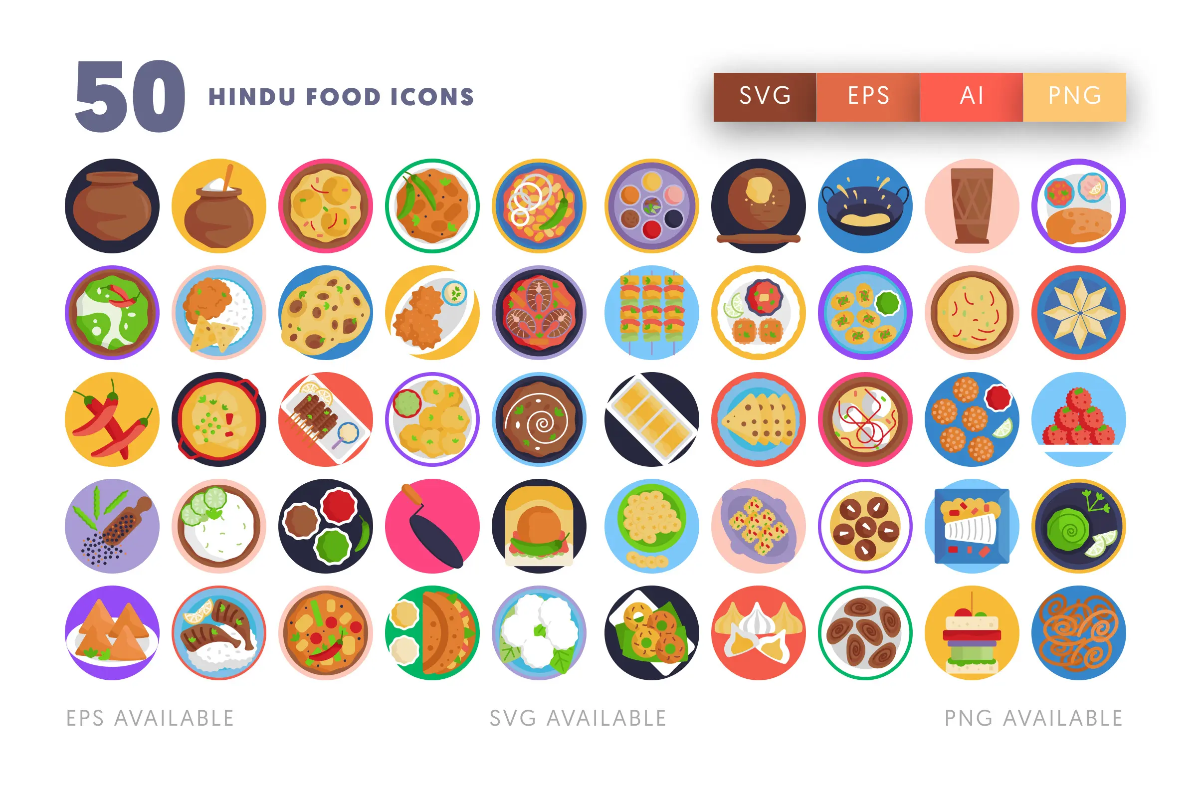50 Hindu Food Icons – flat circle icon set
