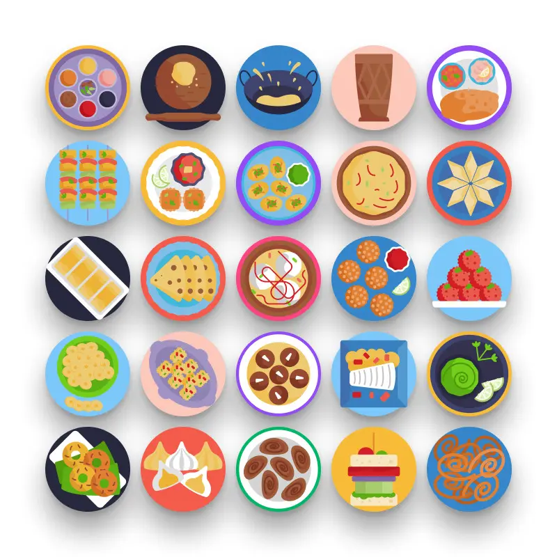 50 Hindu Food Icons – set of colorful flat circle icons