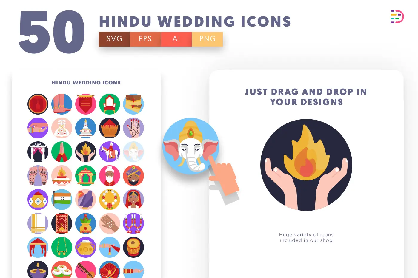 50 Hindu Wedding Icons preview 1 – flat circle icons in PNG, SVG and EPS
