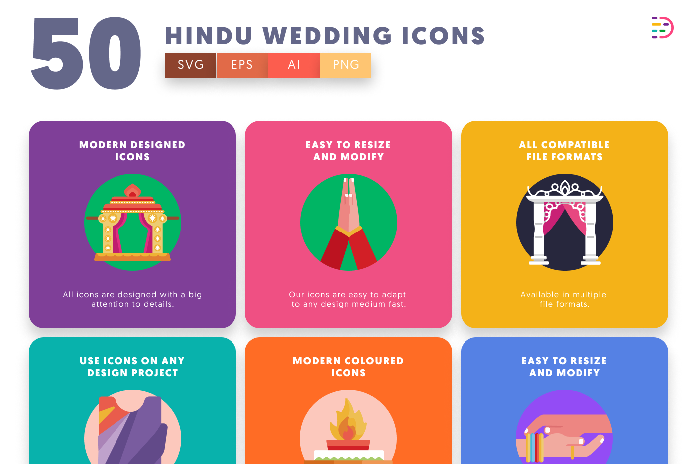 50 Hindu Wedding Icons preview 5 – flat circle icons in PNG, SVG and EPS