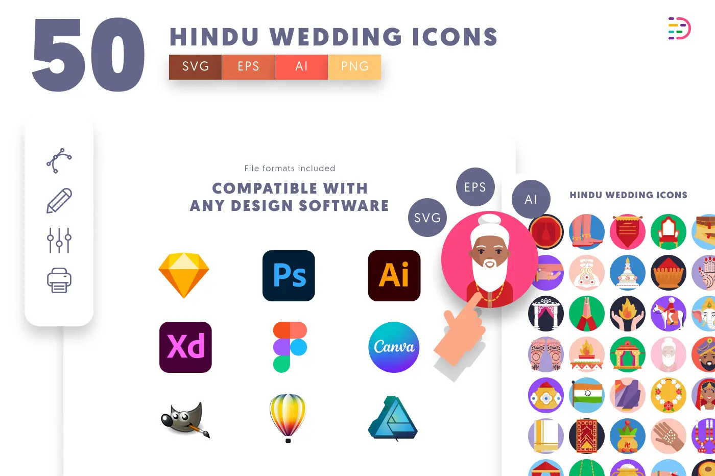 50 Hindu Wedding Icons preview 8 – flat circle icons in PNG, SVG and EPS