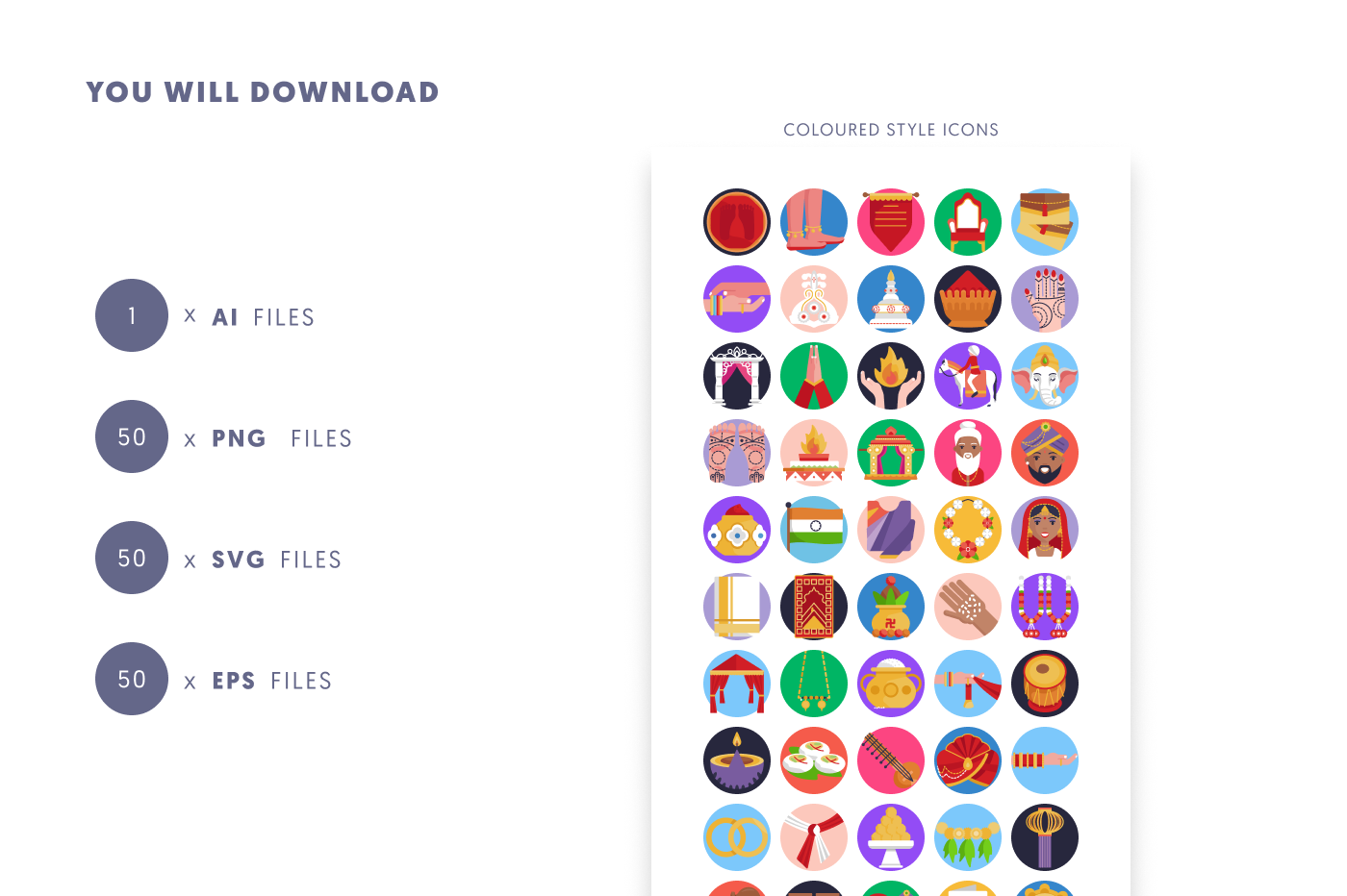 50 Hindu Wedding Icons preview 9 – flat circle icons in PNG, SVG and EPS