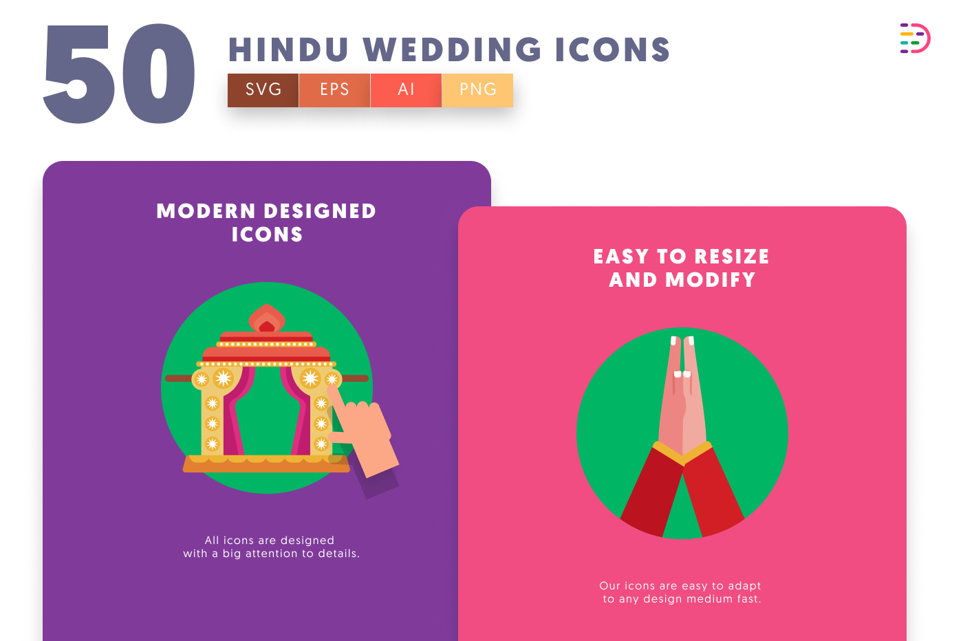 50 Hindu Wedding Icons cover – flat circle icons in PNG, SVG and EPS