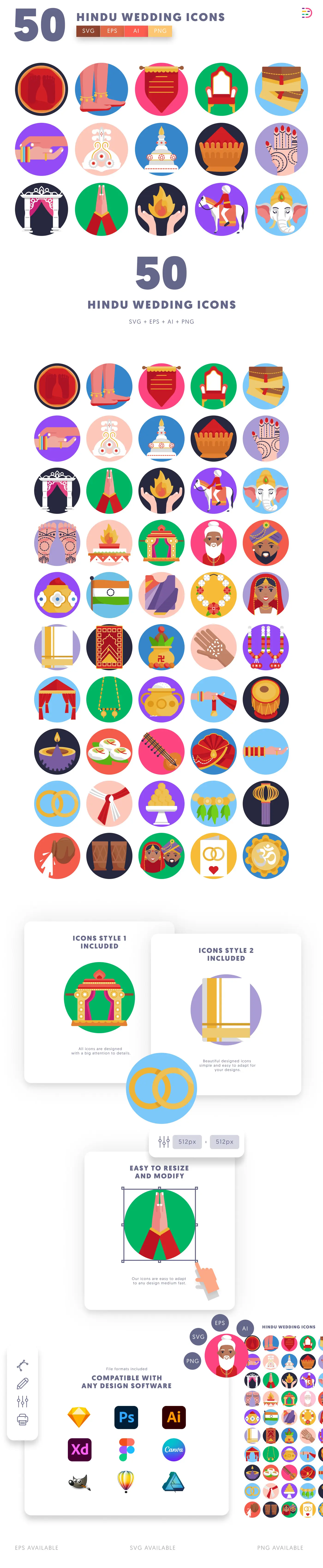 50 Hindu Wedding Icons cover – flat circle icons in PNG, SVG and EPS