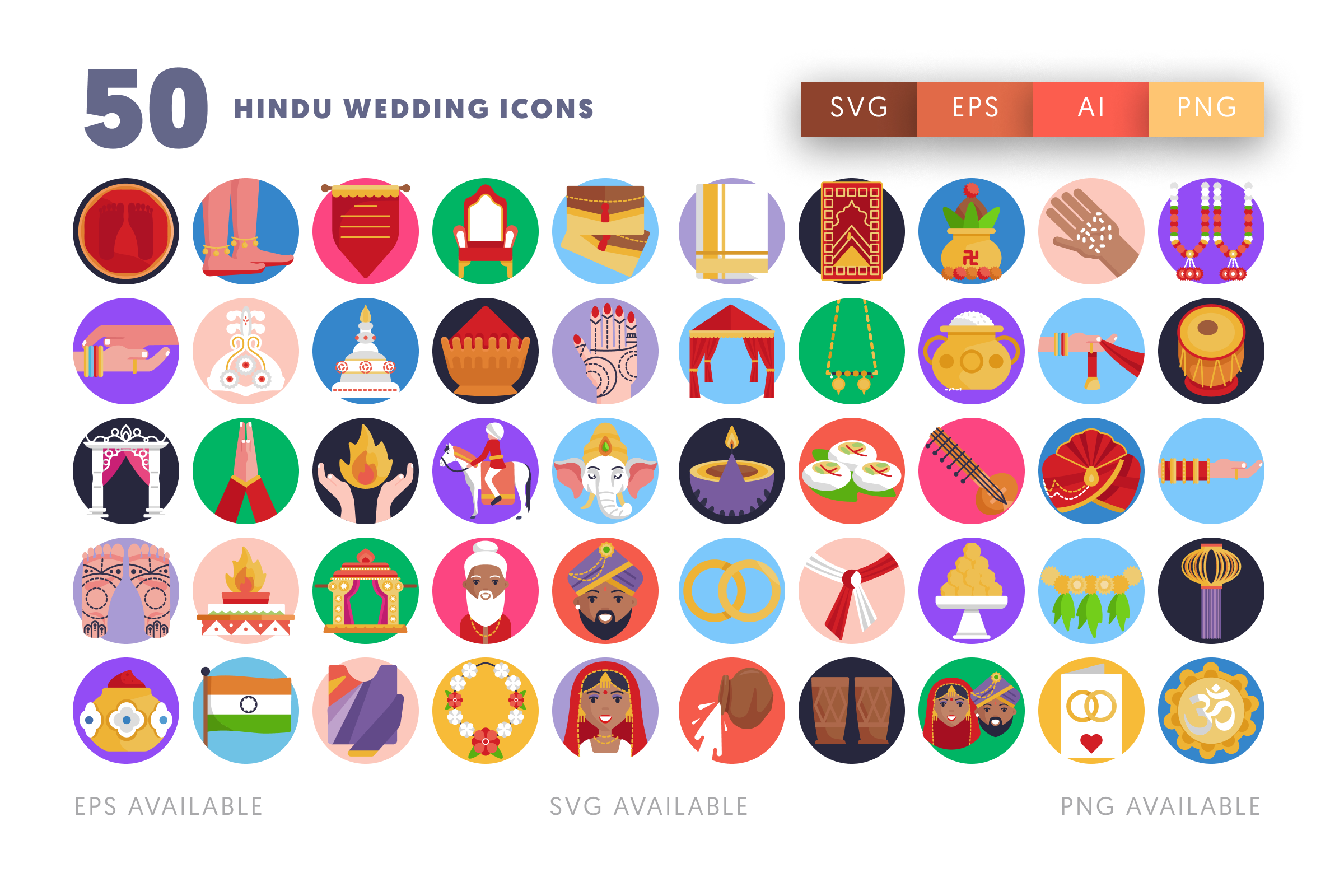 50 Hindu Wedding Icons – flat circle icon set