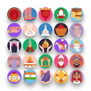 50 Hindu Wedding Icons – set of colorful flat circle icons