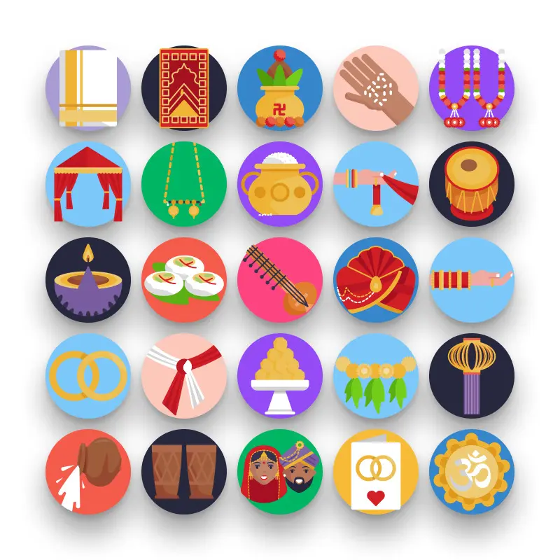 50 Hindu Wedding Icons – set of colorful flat circle icons