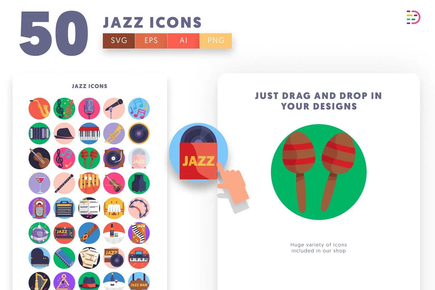 50 Jazz Icons preview 1 – flat circle icons in PNG, SVG and EPS